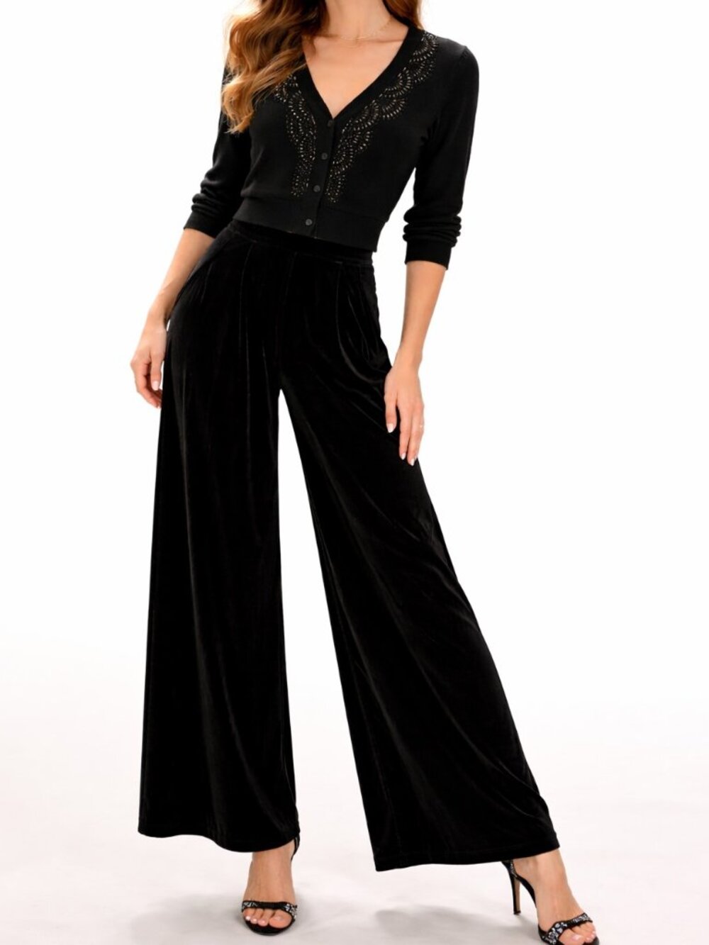 Vintage Forever 21 Black Button Front Beaded 3/4 Sleeve Cropped Cardigan - Picture 6 of 6